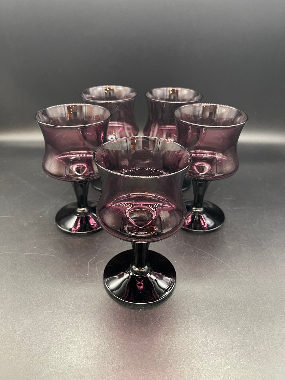 Viski Seneca Purple Amethyst Set of 5 Crystal Goblets Wine Water Glasses 5.25"